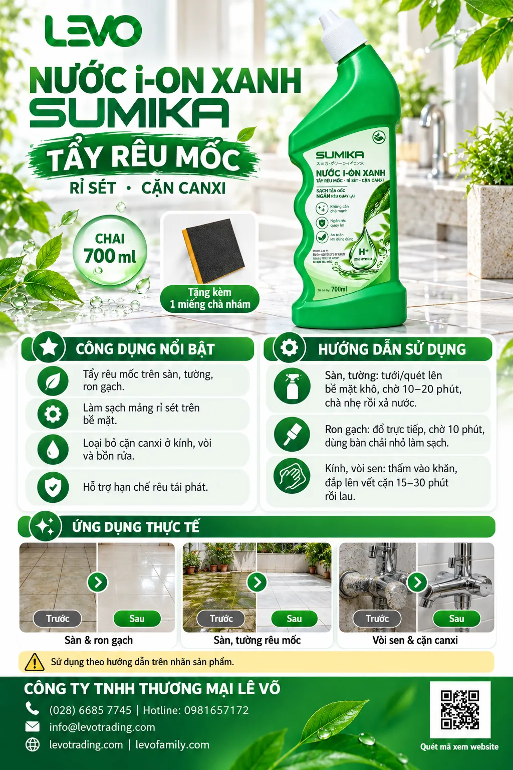 Nước I-on Xanh Sumika 700ml - Tẩy Sạch Rêu Mốc, Rỉ Sét & Cặn Canxi